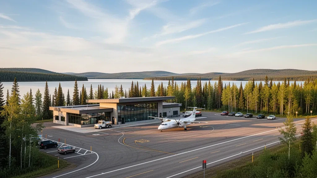 Pequeña terminal de aeropuerto regional y plataforma en Slave Lake, Alberta, rodeada de un denso bosque boreal bajo una cálida luz vespertina