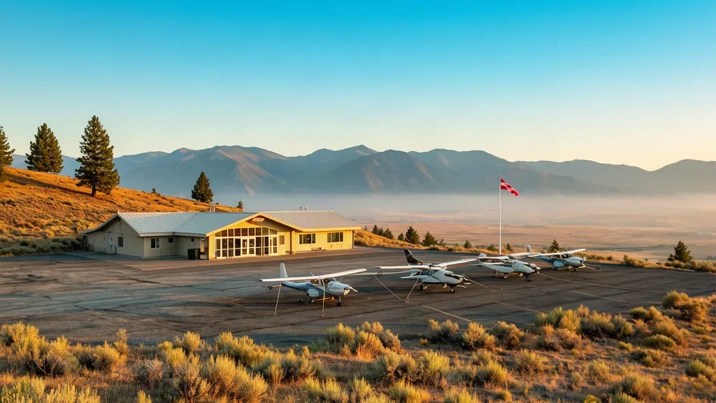Petit terminal d'un seul étage et aire de stationnement pavée à l'aéroport régional de Cache Creek-Ashcroft, dans la vallée sèche de Thompson en Colombie-Britannique