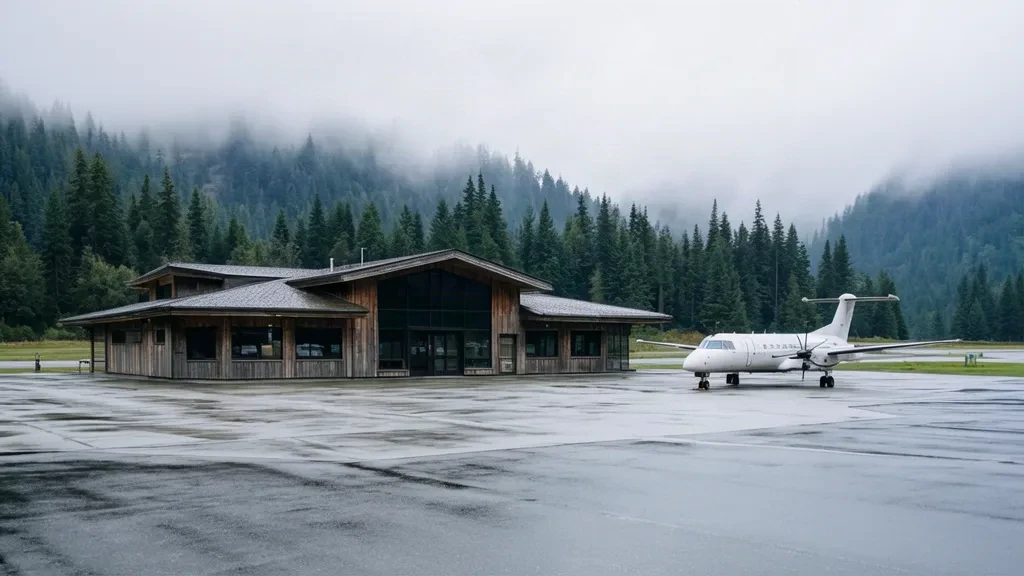 Kleines regionales Terminalgebäude des Flughafens Port Hardy YZT mit einem parkenden Turboprop-Flugzeug und Küstenregenwald von British Columbia im Hintergrund