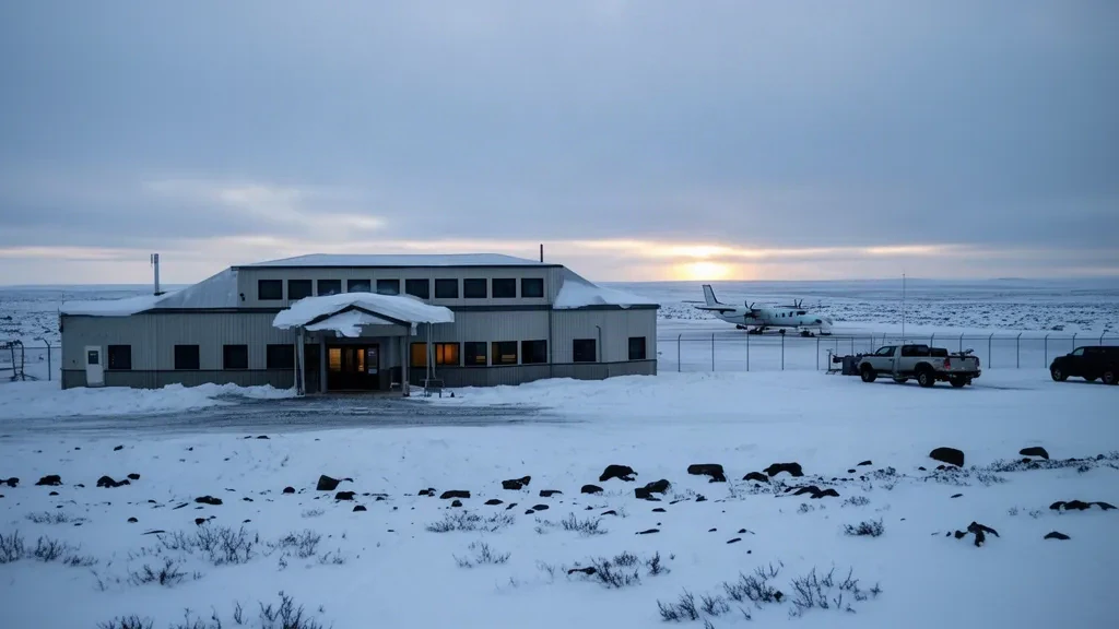 Kleines arktisches Terminalgebäude am Coral Harbour Airport YZS in Nunavut, umgeben von verschneiter Tundra unter einem blassen Winterhimmel