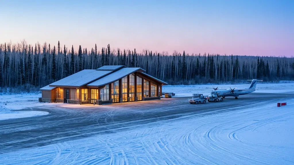 Alberta, Whitecourt'ta küçük bölgesel havalimanı terminali, kış alacakaranlığında karlı bir apron ve boreal ormanın yanında sıcak ışıkla parlıyor