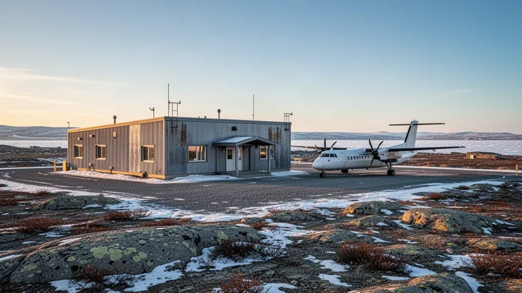 Coral Harbour, Nunavut'ta uzak bir Arktik havaalanı terminali ve çakıl apronu, soğuk altın saat ışığında bir turboprop uçak.