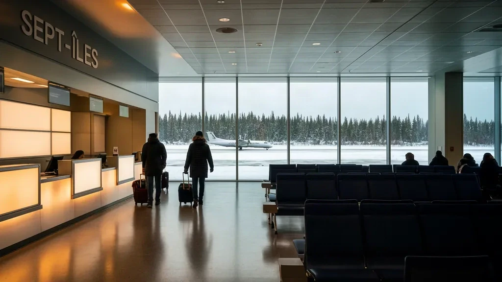 Intérieur du terminal de l'aéroport de Sept-Îles au Québec avec comptoirs d'enregistrement, sièges d'attente et fenêtres donnant sur l'aire de trafic enneigée