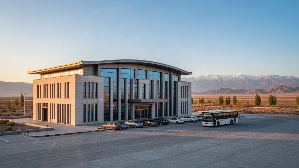 Terminal moderno e area di sosta per la riconsegna dei passeggeri all'Aeroporto di Zhangye Ganzhou nel Gansu, Cina, con i Monti Qilian durante l'ora d'oro