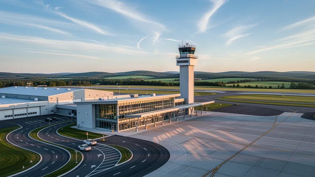 Modern terminal and control tower at CFB Greenwood YZX airport in Nova Scotia's Annapolis Valley at golden hour