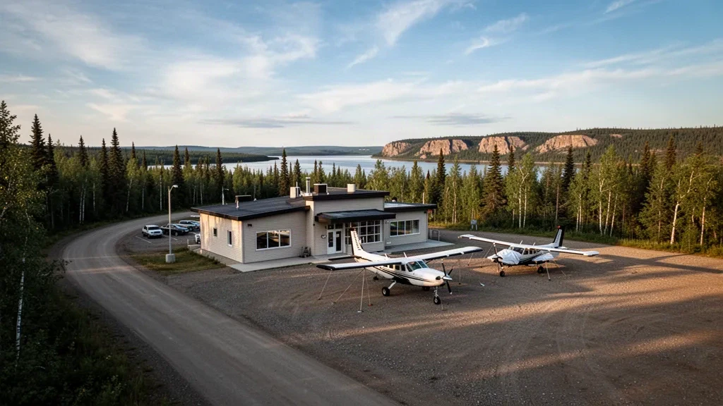 York Landing'de küçük kuzey Manitoba havaalanı terminali ve altın saat ışığı altında boreal ormanla çevrili çakıl apronu