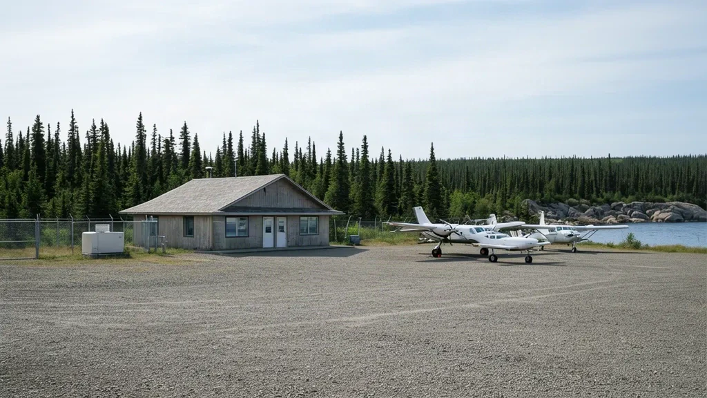 Kuzey Manitoba'daki York Landing Havaalanı'nda boreal orman ve göl kıyısıyla çevrili küçük topluluk terminal binası ve çakıl apronu