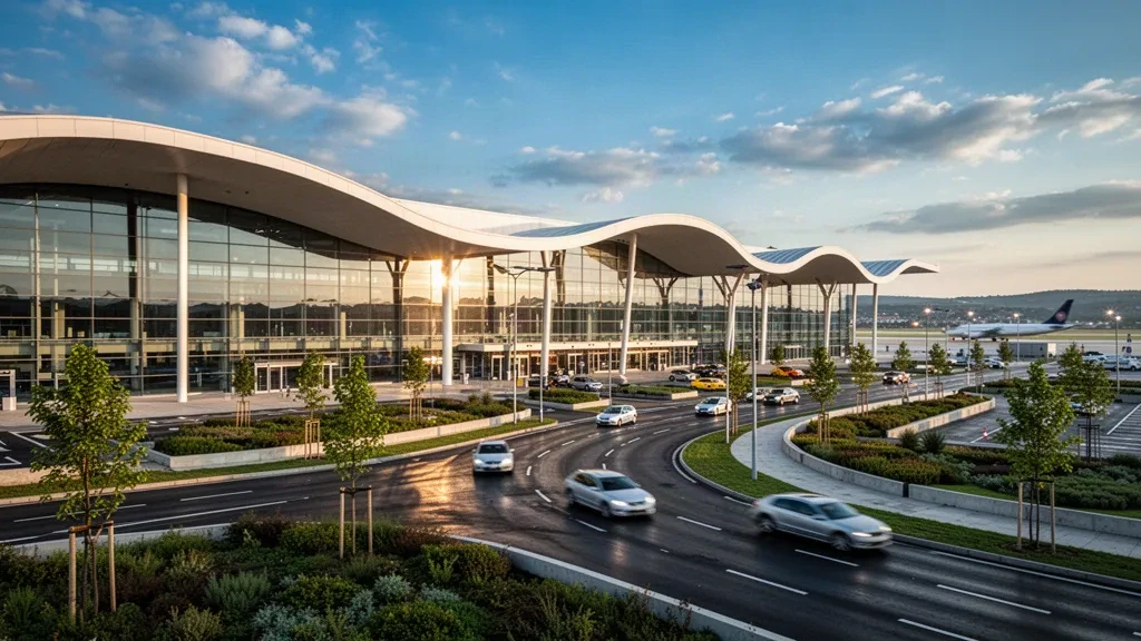 Terminal moderne vitré et vaste toiture blanche à l'aéroport Zagreb Franjo Tuđman, avec voies de dépose dans une lumière dorée de fin de journée