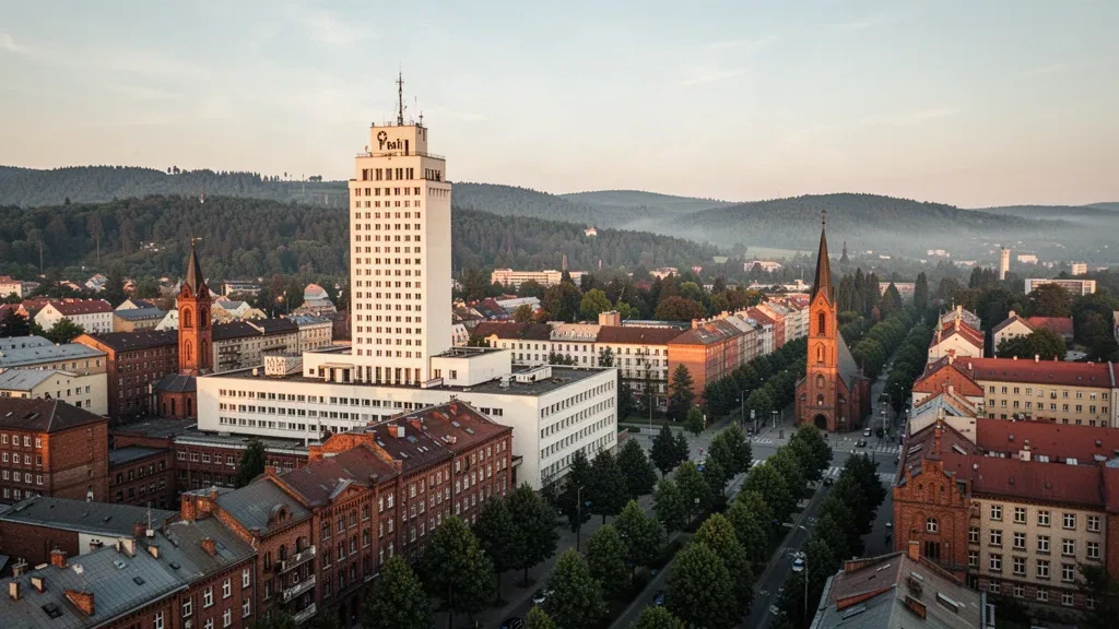 Zlín cityscape in the Czech Republic with the functionalist Baťa skyscraper and red-brick Baťa-era buildings at golden hour