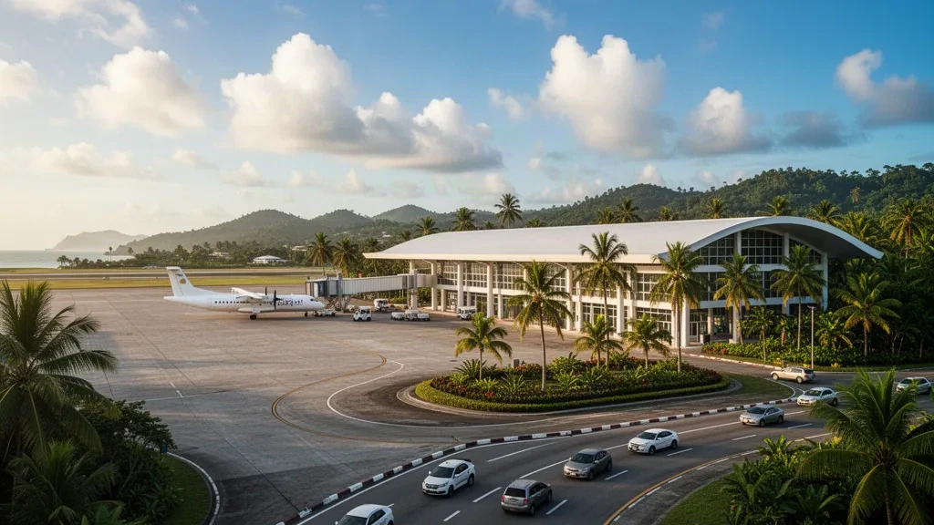 Terminal d'aéroport tropical moderne à Zamboanga avec des palmiers, un avion à turbopropulseur stationné et une route d'accès à l'heure dorée