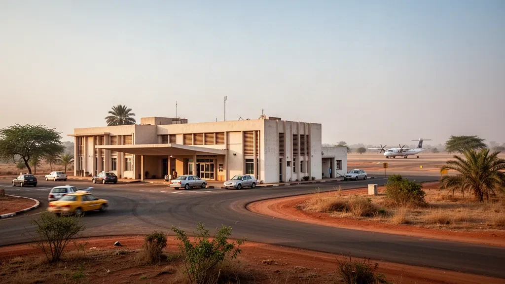 Kaduna Eyaleti, Nijerya'daki kurak savana manzarası içinde Zaria Havalimanı'nın alçak terminali ve kıvrımlı yolcu indirme şeridinin altın saat görünümü