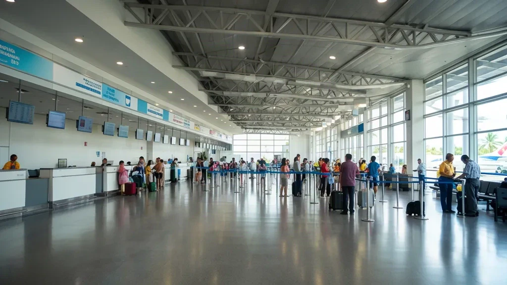 Sala partenze del terminal dell'Aeroporto Internazionale di Zamboanga con viaggiatori, banchi check-in e luminosa luce diurna tropicale