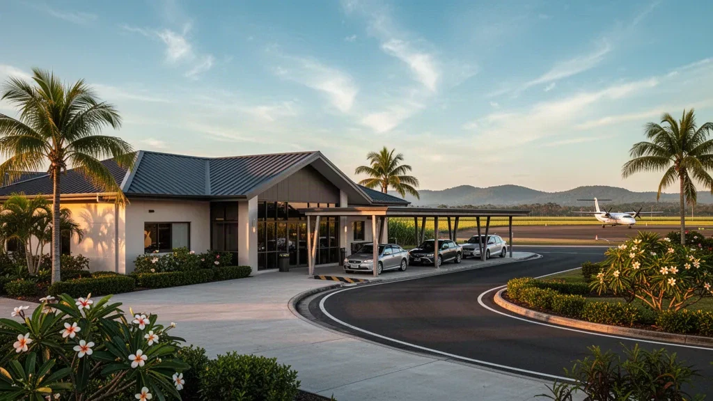 Terminal de l'aéroport de Bowen et zone de dépose dans le nord tropical du Queensland à l'heure dorée, avec un ciel dégagé au-dessus de l'auvent de l'entrée