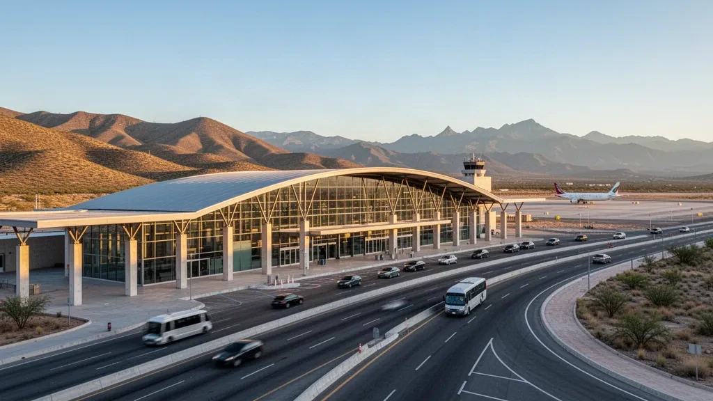 Modern glass terminal and access road at Zacatecas International Airport in Mexico during warm golden hour light