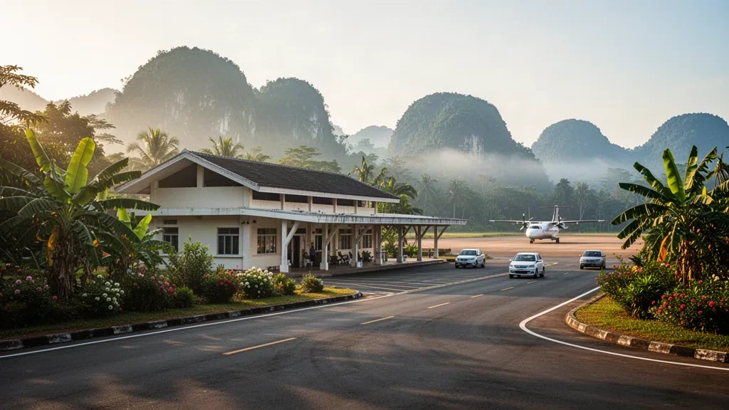 Terminal de baja altura y plataforma en el aeropuerto de Sayaboury, en Laos, rodeados de colinas tropicales bajo una cálida luz dorada