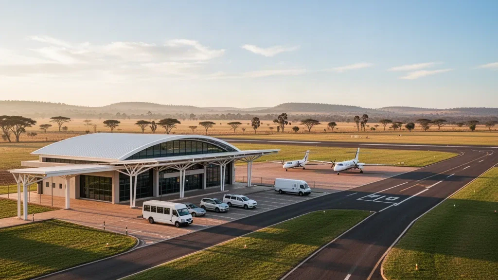 Terminal, piazzale antistante e apron della pista dell'Aeroporto di Secunda in Mpumalanga, Sudafrica, sotto un caldo cielo dorato dell'Highveld