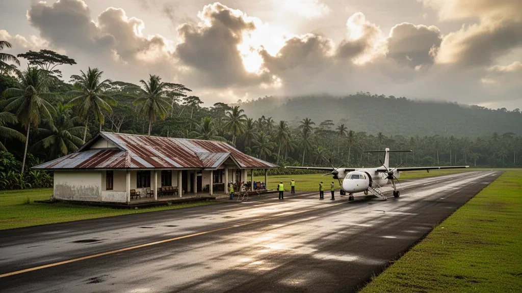 Kleines tropisches Terminal und Turboprop-Flugzeug auf dem Vorfeld des Senggo Airport in Süd-Papua, Indonesien