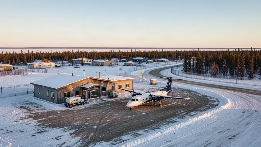 Snow-dusted terminal and gravel apron at Fond-du-Lac Airport in northern Saskatchewan at golden hour