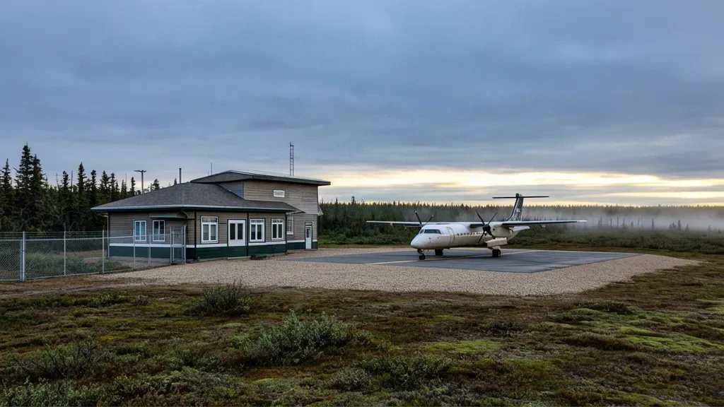 Small remote terminal building and gravel apron at Fort McPherson Airport in the Northwest Territories under overcast northern light