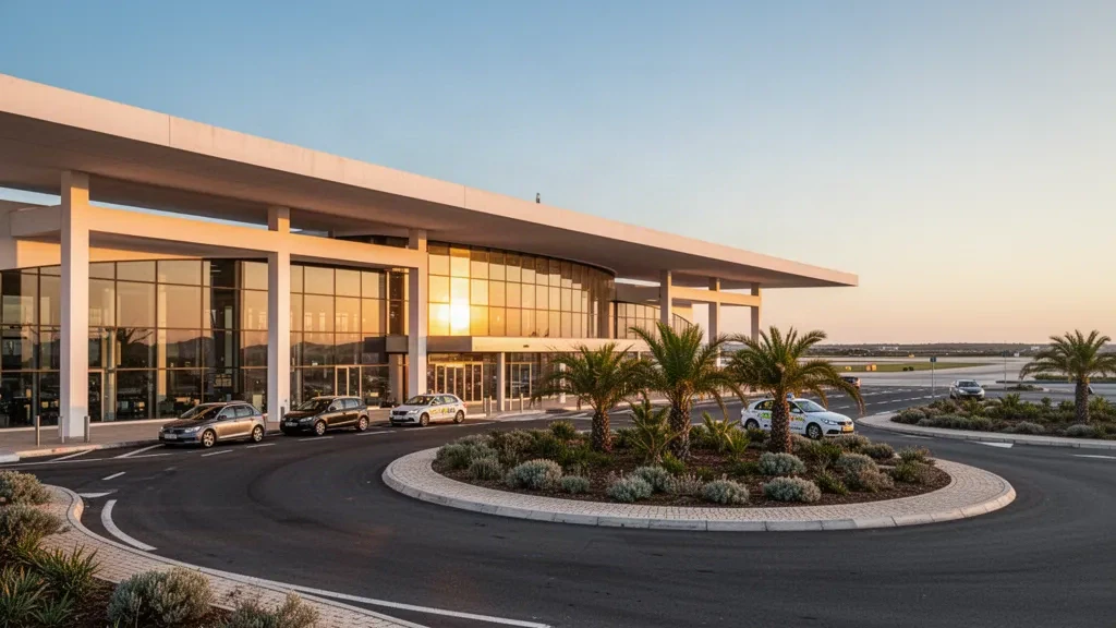 Esterno moderno del terminal in vetro e cemento bianco dell'Aeroporto di Faro in Algarve, Portogallo, illuminato dalla luce dell'ora d'oro sopra le strade di accesso alberate di palme