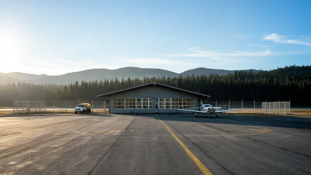 Kleines regionales Terminalgebäude und befestigtes Vorfeld am Flughafen Grand Forks (ZGF) in British Columbia unter einem klaren Nachmittagshimmel