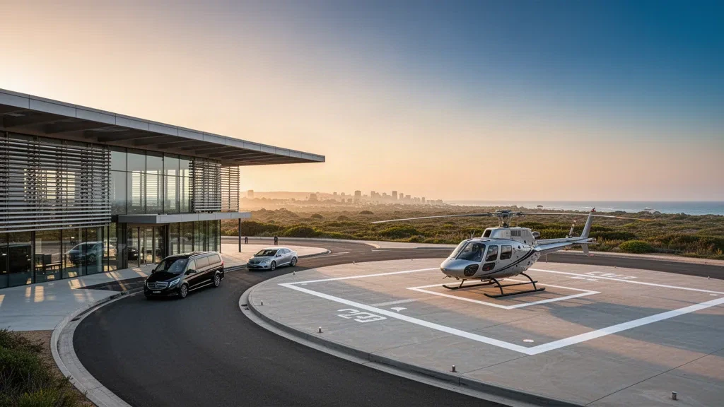 Moderner Hubschrauberlandeplatz des Unifly Heliport ZFU mit einem leichten Hubschrauber neben einem gläsernen Terminalgebäude zur goldenen Stunde.