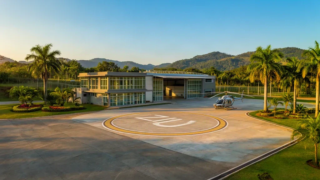 Eliporto Unifly ZFU ad Arujá, Brasile, con la piazzola per elicotteri, l'hangar e un elicottero leggero sotto un cielo pomeridiano sereno.