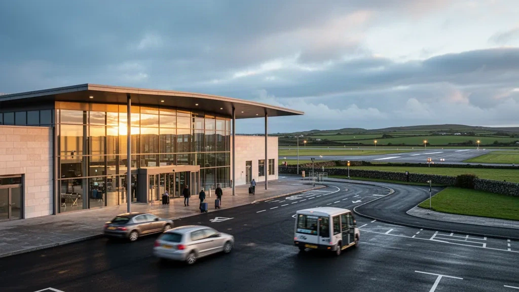 Modernes niedriges Glasterminal und Abholspuren am South Galway Airport, beleuchtet vom warmen Licht der Goldenen Stunde über grünen westirischen Feldern