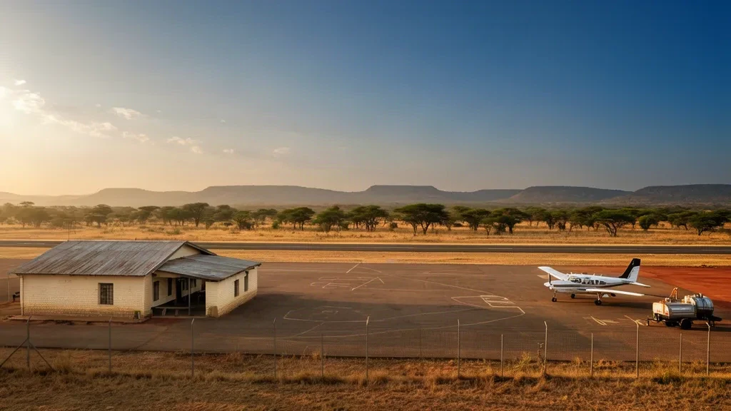 Plataforma rural y edificio de terminal bajo en el Aeropuerto de Ngoma en Zambia, enmarcados por sabana arbustiva seca bajo una cálida luz de final de la tarde