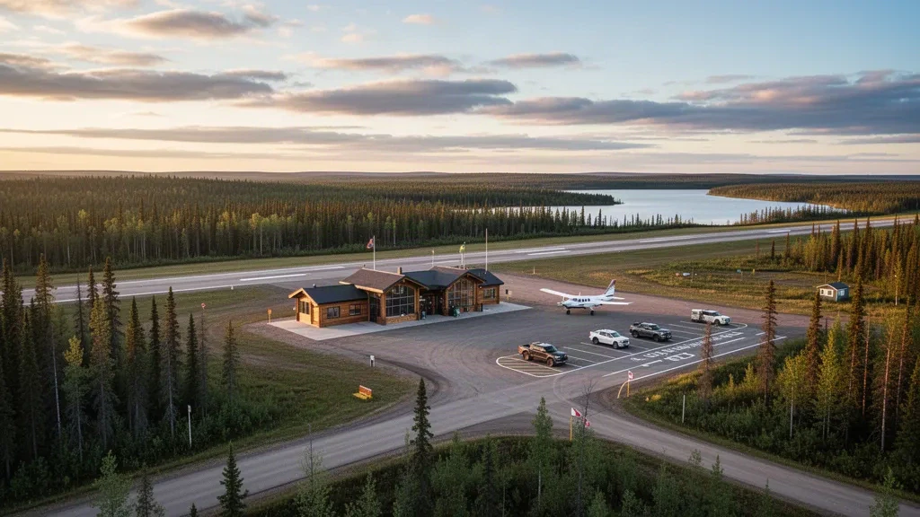 Aeropuerto de Little Grand Rapids en Manitoba con una pequeña pista, plataforma y bosque boreal bajo la luz de la hora dorada.