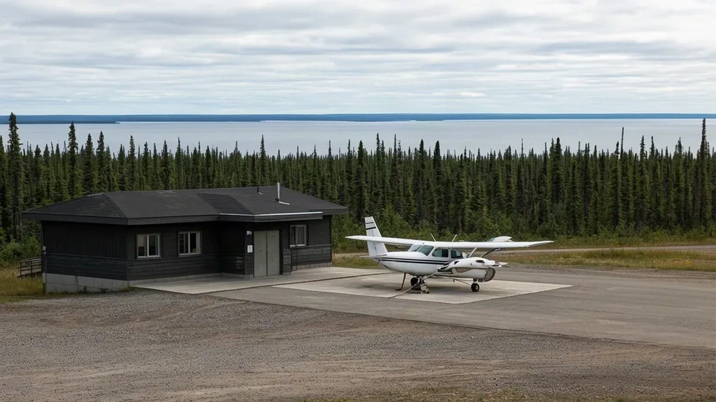 Petit bâtiment terminal d'un seul étage à l'aéroport de Little Grand Rapids au Manitoba, avec un avion de brousse sur l'aire de stationnement en gravier et la forêt boréale au-delà.