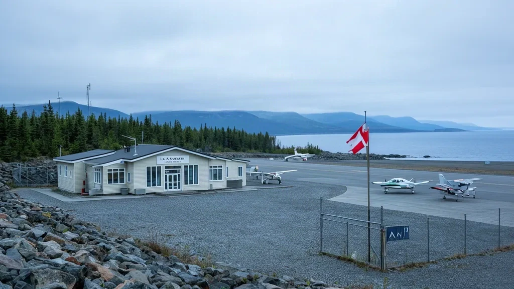 Small regional terminal at La Romaine Airport in Quebec, Canada, with gravel apron and coastal landscape under overcast skies.