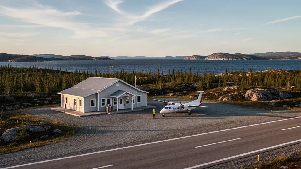 Schottervorfeld und kleines Terminalgebäude am Flughafen La Romaine in Quebec, umrahmt von borealem Wald und Küstengewässer zur goldenen Stunde.