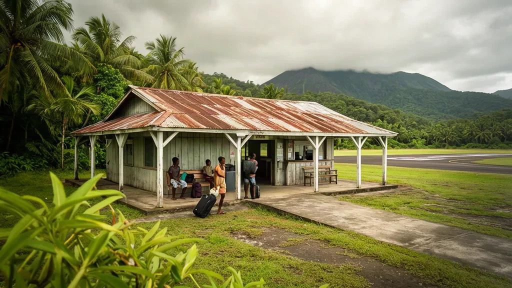 Offenes Terminalgebäude und Graslandebahn am Flughafen Gaua Island in Vanuatu, umrahmt von tropischen Palmen und vulkanischen Hügeln