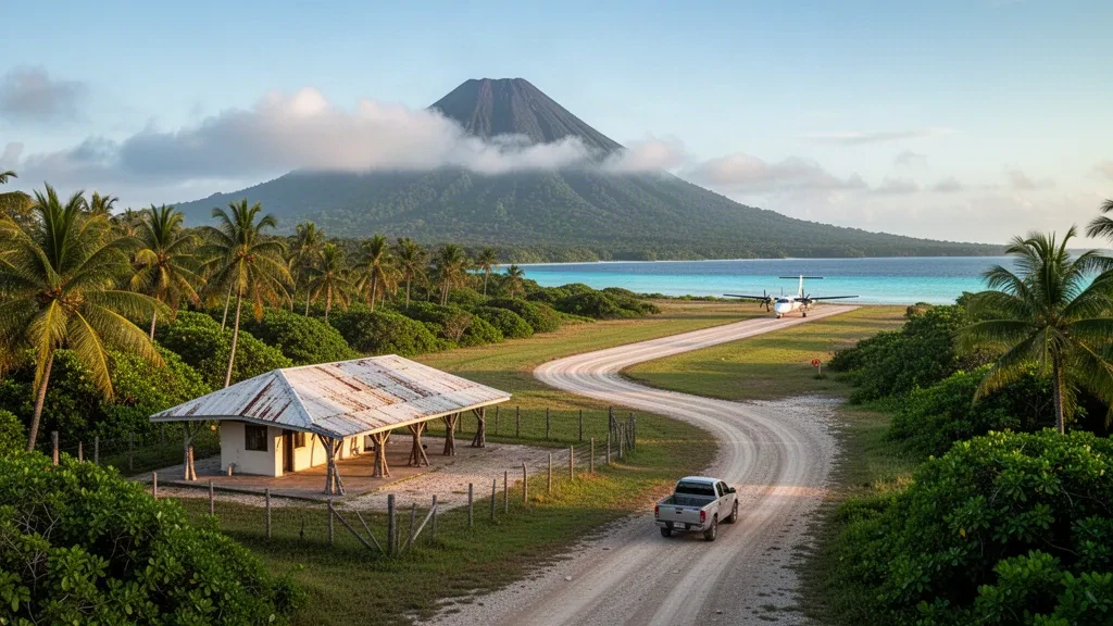 Pista tropicale, piccolo riparo per il terminal e colline vulcaniche all'aeroporto di Gaua Island a Vanuatu nella luce morbida del mattino