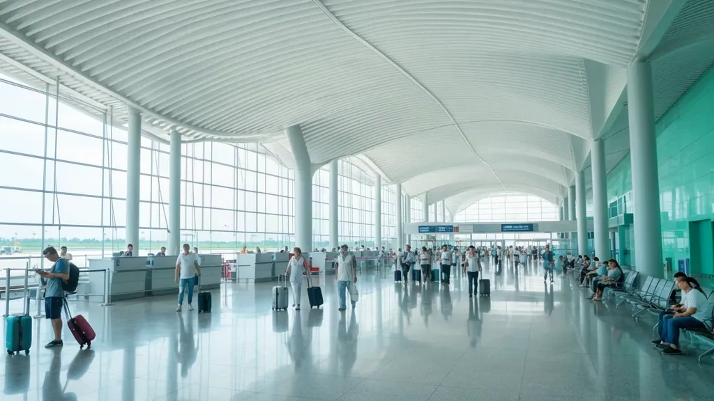 Geräumiger moderner Terminalinnenbereich und Abflughalle am internationalen Flughafen Zhanjiang Wuchuan mit Reisenden und Tageslicht