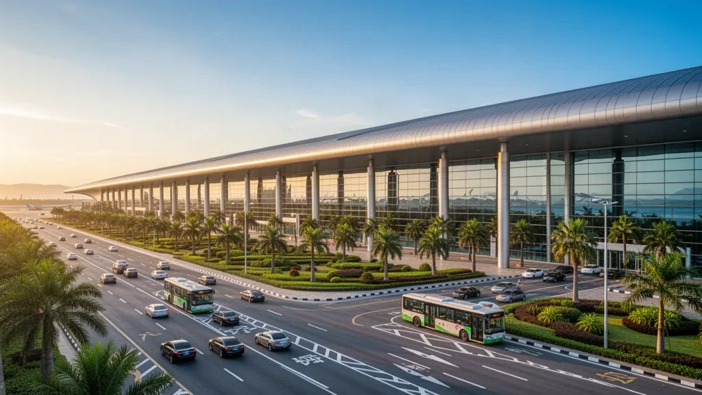 Çin'in Guangdong kentindeki Zhanjiang Wuchuan Uluslararası Havalimanı'nda altın saatlerde parlayan, cam duvarlı ve erişim yollarına sahip modern terminal binasının dış görünümü.