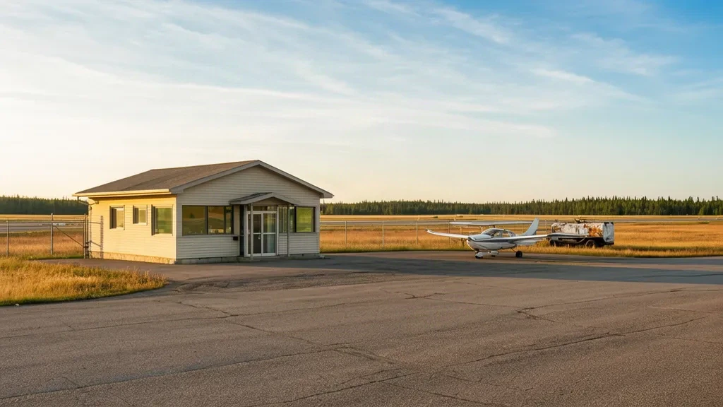 Pequeño edificio terminal municipal y plataforma de aparcamiento en el aeropuerto de High Prairie, en Alberta, bajo un amplio cielo de pradera