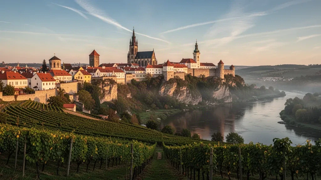 Vue ensoleillée du centre historique de Znojmo, avec le château et les clochers d'églises s'élevant au-dessus de la vallée de la rivière Dyje en Moravie du Sud, République tchèque