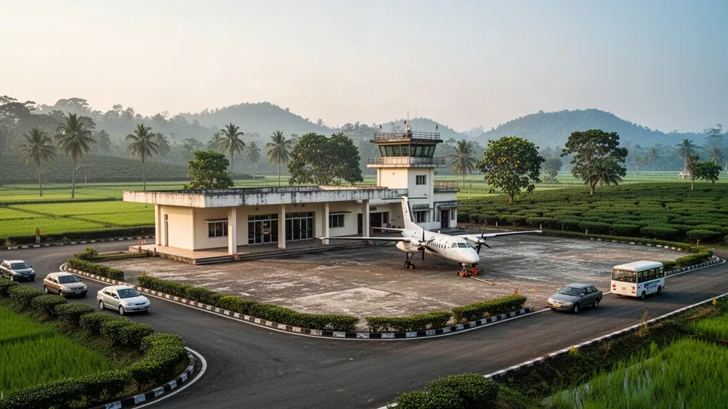 Pequeña terminal regional y plataforma en el aeropuerto de Shamshernagar, en Moulvibazar, rodeada de plantaciones de té de Sylhet bajo la luz dorada del atardecer