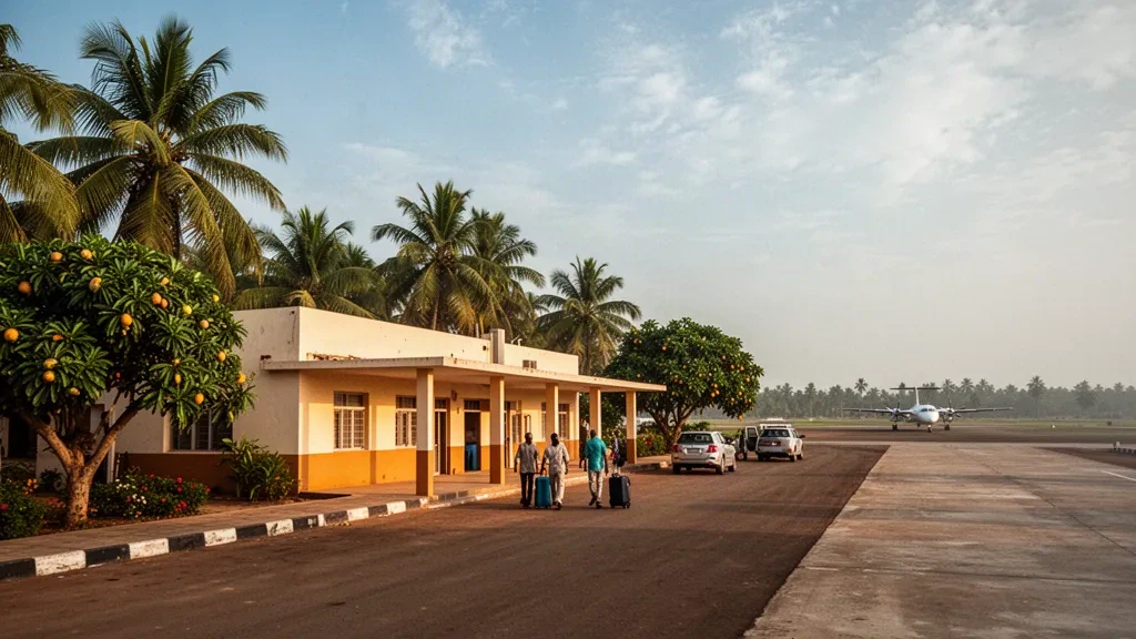 Terminal de poca altura y explanada bordeada de palmeras en el aeropuerto de Ziguinchor, en la región senegalesa de Casamance, bajo la cálida luz de la tarde