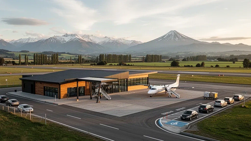 Regionaler Flughafenterminal, Vorfeld und Startbahn in der Nähe von Victoria, Araucanía, Chile, mit den Ausläufern der Anden im goldenen Nachmittagslicht