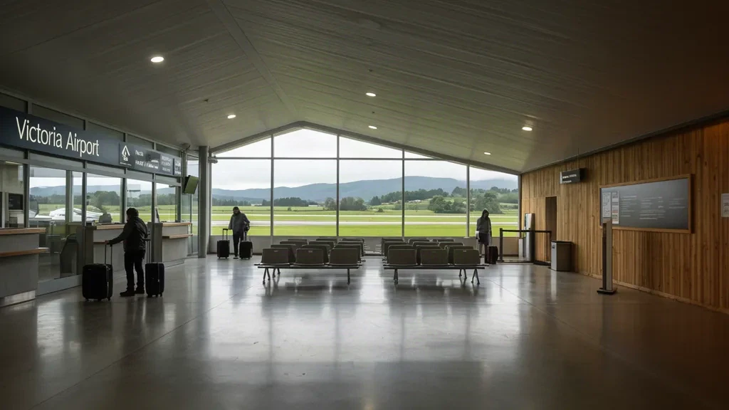 Interno del terminal dell'aeroporto di Victoria ZIC in Cile con una compatta hall check-in, sedute d'attesa e finestre in vetro che si affacciano sulla pista.