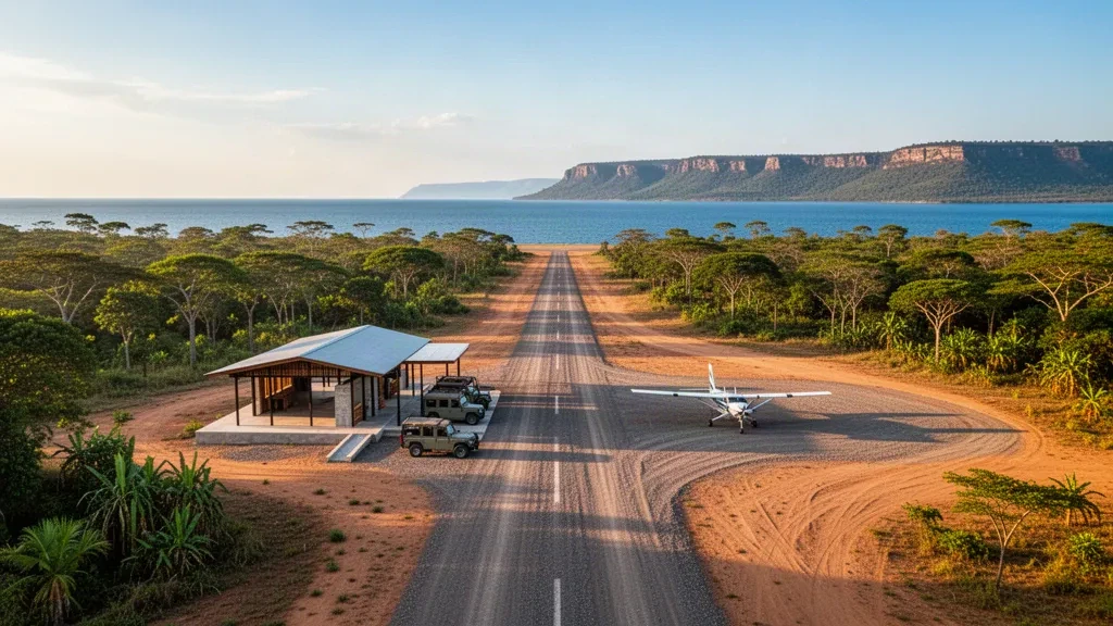 Small remote runway and open-air terminal at Kasaba Bay Airport in Zambia, surrounded by lush greenery near Lake Tanganyika at golden hour.