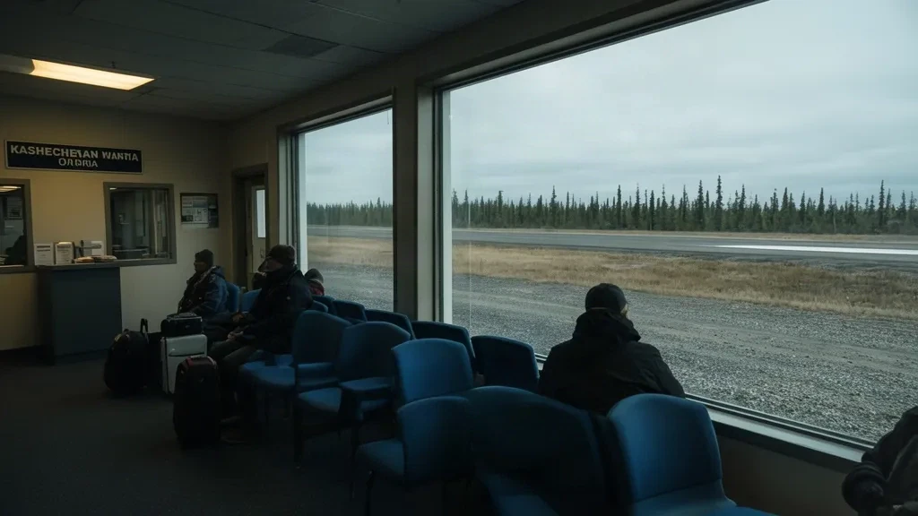 Innenraum des kleinen Terminals am Flughafen Kashechewan (ZKE) in Ontario, Kanada, mit Sitzgelegenheiten und Check-in-Bereich.