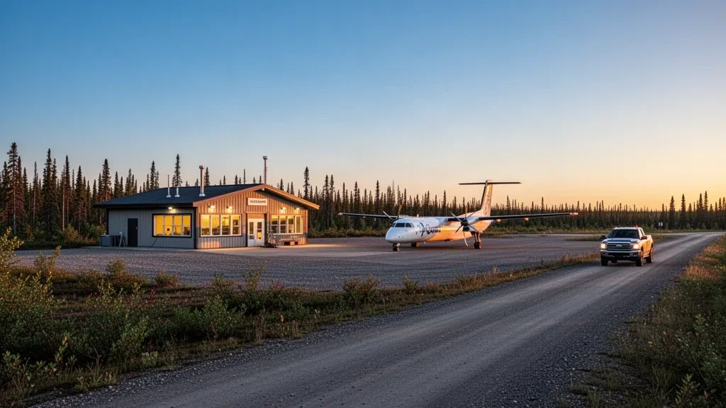 Pequeña terminal remota y pista de grava en el Aeropuerto de Kashechewan, en el norte de Ontario, Canadá, bajo un cielo despejado de hora dorada.