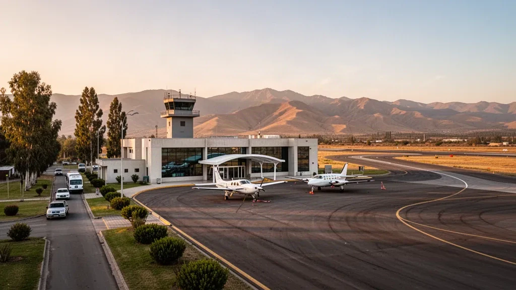 Municipal airport terminal in Linares, Chile, with parked light aircraft, access road and Andes foothills at golden hour