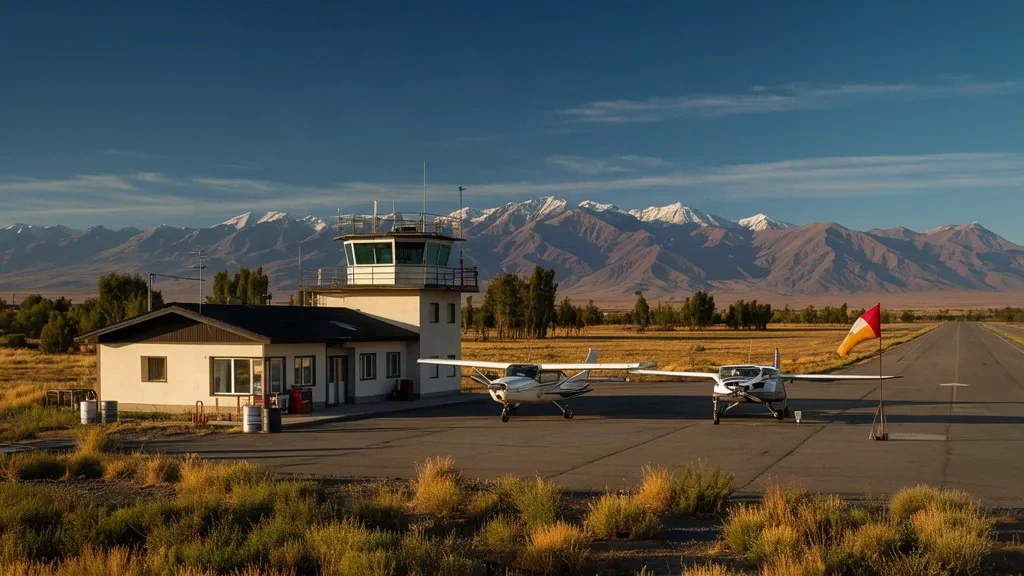 Municipal de Linares Airport in Chile with its modest terminal, control tower, light aircraft on the apron and the Andes in the background