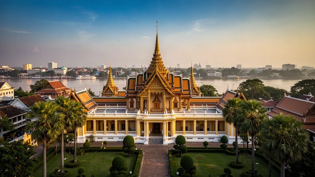 Golden-hour view of Phnom Penh Royal Palace in Cambodia, with gilded roofs, gardens and palm trees beside the Mekong River