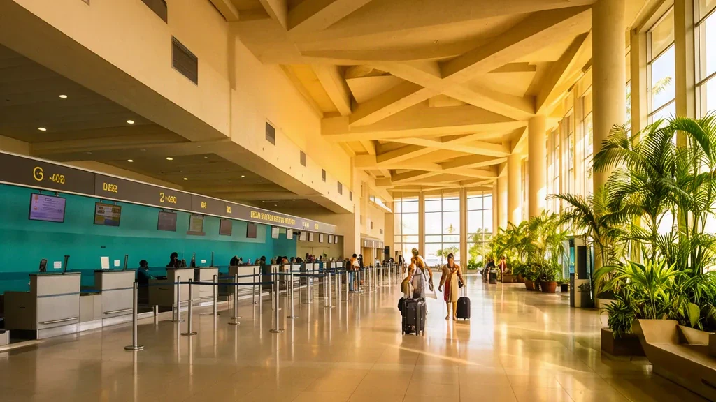 Interno del terminal dell'Aeroporto Internazionale Playa de Oro a Manzanillo, Messico, con viaggiatori e luce tropicale.
